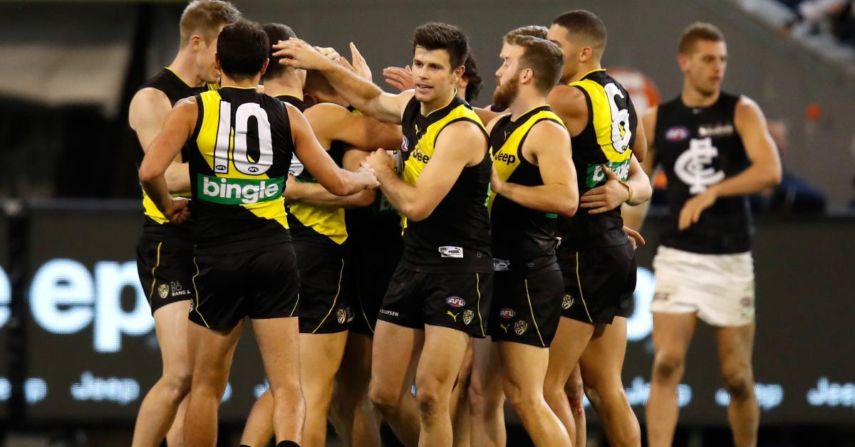 Richmond_FC's tweet photo. The result we simply needed to get. Next stop, Port Adelaide. 

Richmond 11.18 84 defeat Carlton 8.10 58 

#AFLTigersBlues #gotiges https://t.co/0NUClwULru