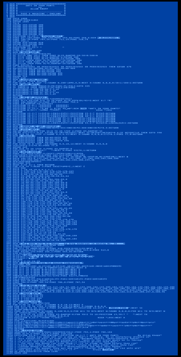 bbbradsmith's tweet photo. Here's the Ants In Your Pants source code in its native font.
#AtariBASIC #ATASCII
https://t.co/4UuR1SVUWS https://t.co/SvASlKnNY3
