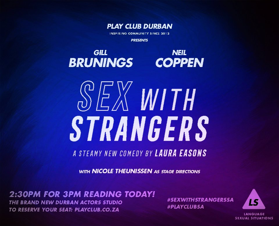PlayClubSA's tweet photo. TODAY! Don't miss GILL BRUNINGS and NEIL COPPEN in the hot new comedy SEX WITH STRANGERS! https://t.co/FESmMBVw11 #SexWithStrangersSA https://t.co/9g38edn4Az