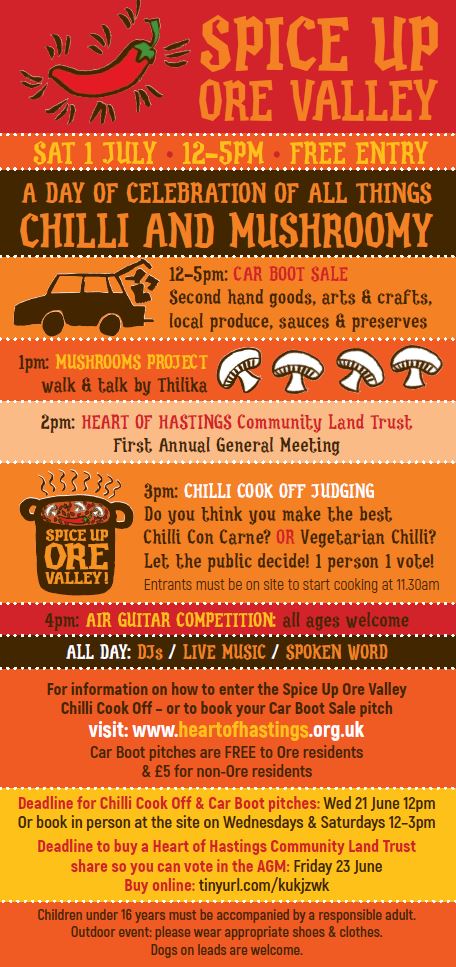 Spice Up Ore Valley Sat 1st July. Chilli Cook Off Car Boot Sale, Mushroom talk DJ's #hastings #clt #orevalley #food #chilli