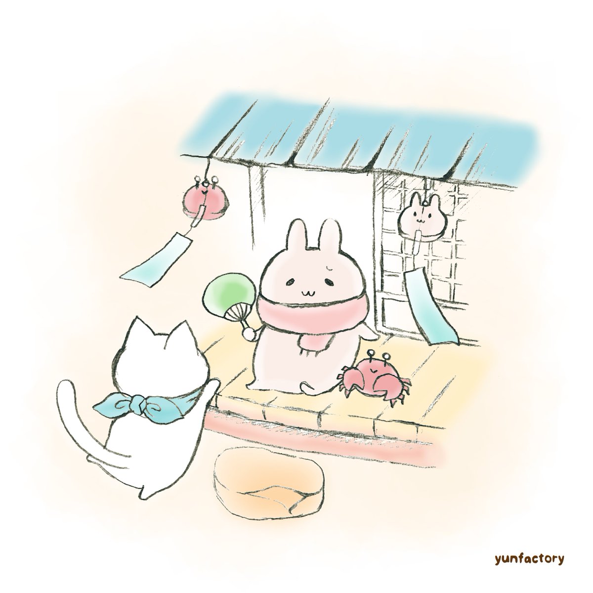 ゆんふぁくとりー A Twitteren 本日のほんわか落書きイラスト テーマは夏 うさぎくんとかにくん ねこくん オリジナルイラスト