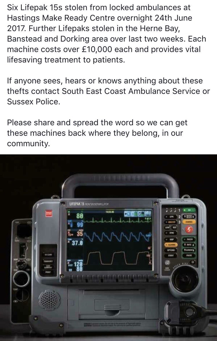 KiyaClaydon's tweet photo. Please RT. Not just about finding the stolen equipment... it's the knock on effect of taking ambulances off the road. Thoughtless & selfish https://t.co/hJCxvtTV5X