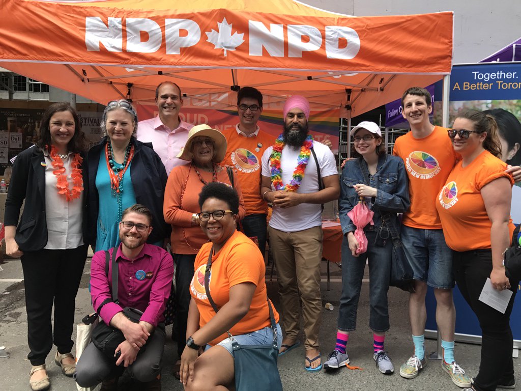 Thanks to <a href="/UniRoseNDP/">Uni-Rose NDP 🍊</a> candidate <a href="/JessicaBellTO/">Jessica Bell</a>, <a href="/theJagmeetSingh/">Jagmeet Singh</a> and <a href="/GuyCaronNPD/">Guy Caron</a> for stopping by! #prideto