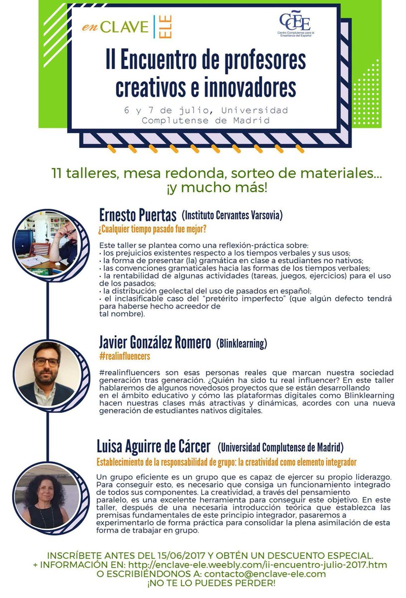 CCEE_UCM's tweet photo. Te presentamos a los ponentes del II Encuentro Profesores Creativos e Innovadores
#creativosELE #CCEE_UCM #enClaveELE @alumni_ucm https://t.co/8aQIJ3XfhY