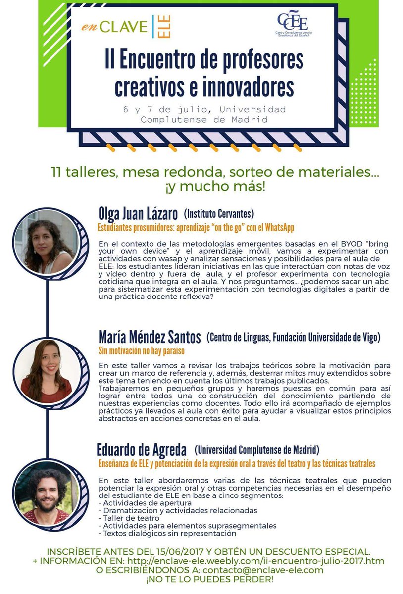 CCEE_UCM's tweet photo. Te presentamos a los ponentes del II Encuentro Profesores Creativos e Innovadores
#creativosELE #CCEE_UCM #enClaveELE @alumni_ucm https://t.co/8aQIJ3XfhY