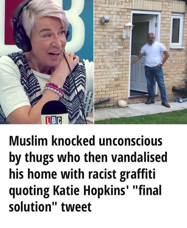 FeedCrack's tweet image. Intruders knocked Muslim man unconscious, wrote #KatieHopkins quote &quot;we need a final solution&quot; on his wall.
mirror.co.uk/news/uk-news/m…
