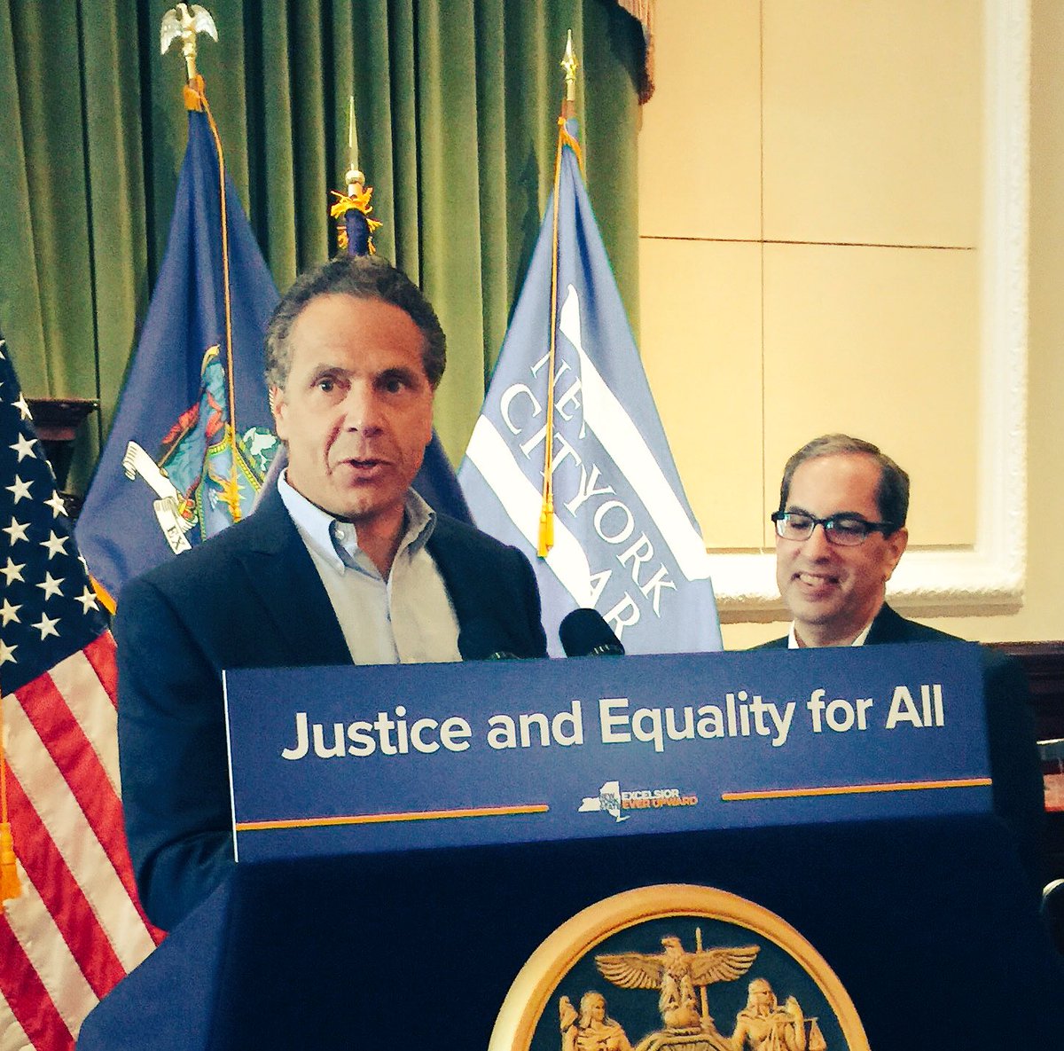 bradhoylman's tweet image. Moment in history as @NYGovCuomo introduces the first LGBT member of the NY's highest court, Paul Feinman. What a way to start #NYCPride2017