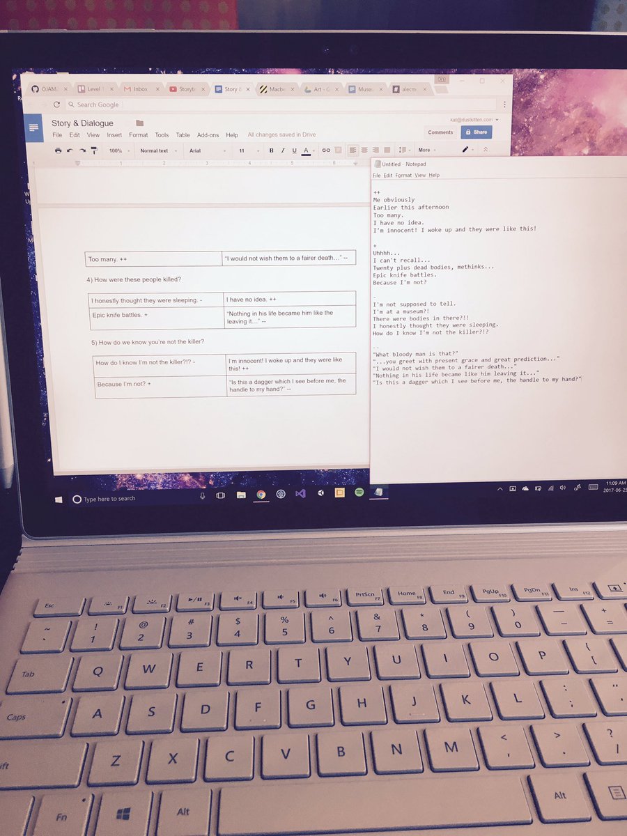 Kat_Mulli's tweet photo. Day three of @ottawagamejam . Working on narrative elements within reach of #OJAM2017 . Crunch time approaches! @Well_Wallace @DeviasNinja https://t.co/KSnE1KtId3