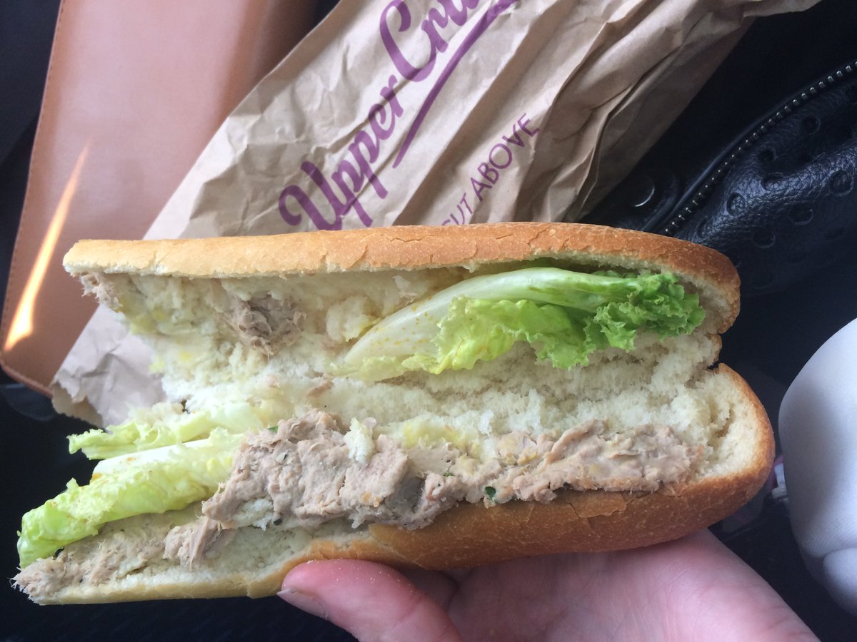ffion_llew's tweet photo. @UpperCrust_uk "tuna" baguette (bought from Paddington) payed 4 pounds for a piece of bread and gone off lettuce leaf #talkaboutcuts https://t.co/xF43YhPwY5