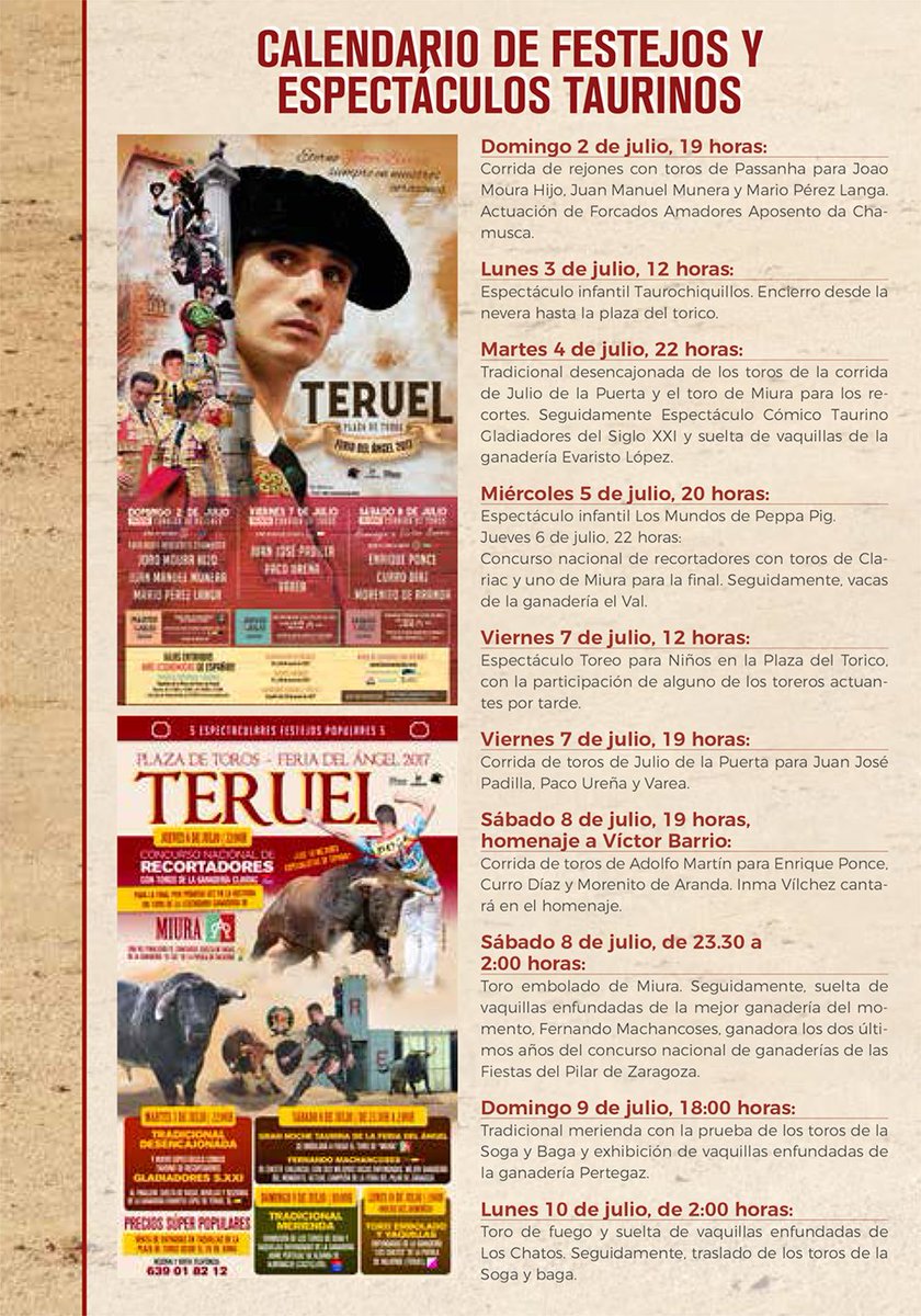 🐂PROGRAMACIÓN FERIA DEL ÁNGEL 2017
Calendario de festejos taurinos y otras actividades en las cuales participa @Tauroemocion  en <a href="/LaVaquilla/">Fiestas de Teruel</a>