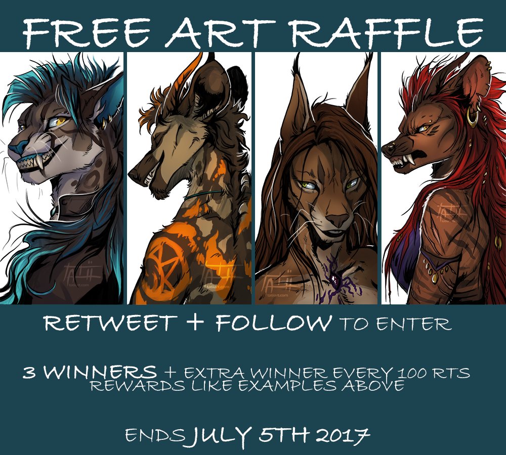 ~ FREE ART RAFFLE ~

FOLLOW + RETWEET to enter! New followers welcome!

.: Read more below :.

#raffle #artraffle #digitalart #furry #anthro