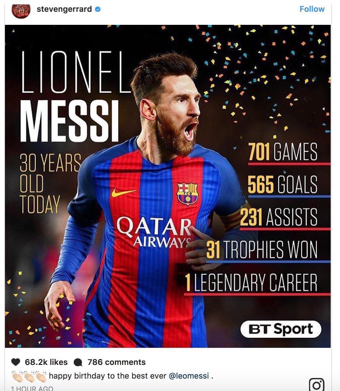 Steven Gerrard on Instagram.      happy birthday to the best ever Leo Messi . 