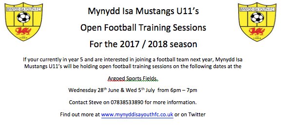 Isafootballclub's tweet photo. Open Training session for Mynydd Isa Mustangs U11's on Wed 28th June &amp; Wed 5th July. https://t.co/LdNyawiDAS