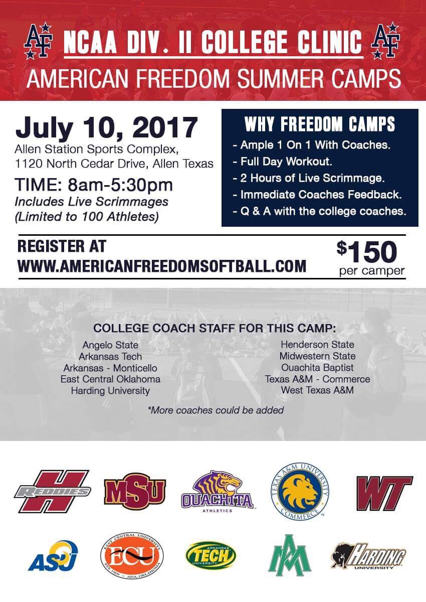 Sign up now! AF/NCAA Div. II College Clinic americanfreedomsoftball.com

This clinic reach capacity every year!  #getrecruited #afsoftball