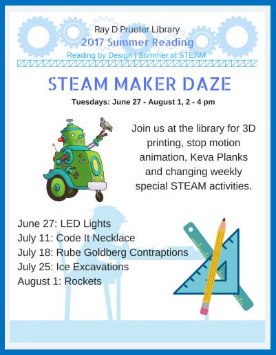 vencolibrary's tweet photo. Get your summer #STEAM on #MakerDaze
Tuesdays 2-4pm @ #vclPrueterLibrary
6/27 LED Lights 7/11 Code It Necklace
#STEM https://t.co/W0QDVGl6BB