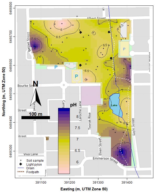 DrAndrewRate's tweet photo. More #urban #Soil data exploration ex 2017 class project, just w #RStats pax geoR, OpenStreetMap plus #RGraphics  tweaks. Who needs GIS? https://t.co/puZnGYiE8D