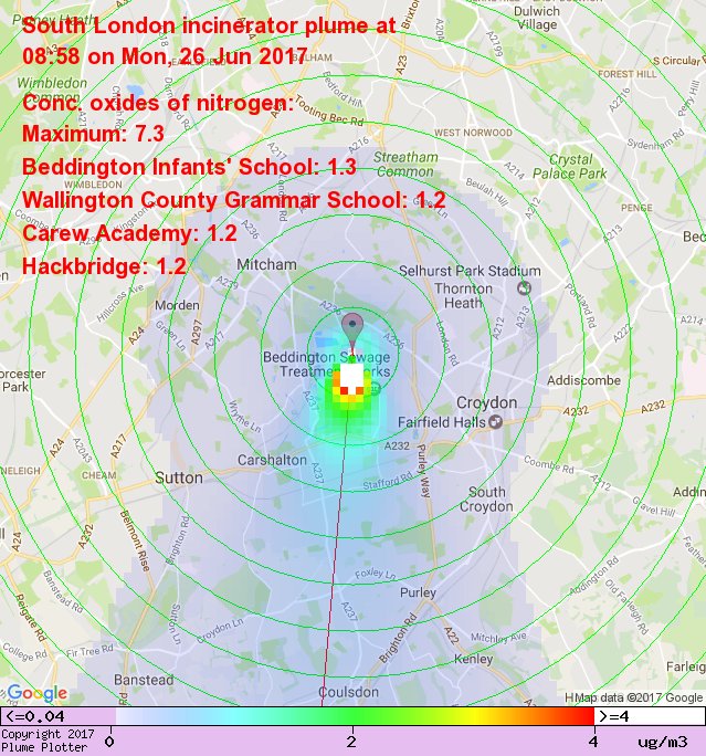 Latest South London incinerator plume plot, 08:58 26/06/17 #Hackbridge #Wallington #Bandonhill plumeplotter.com/southlondon/?m…