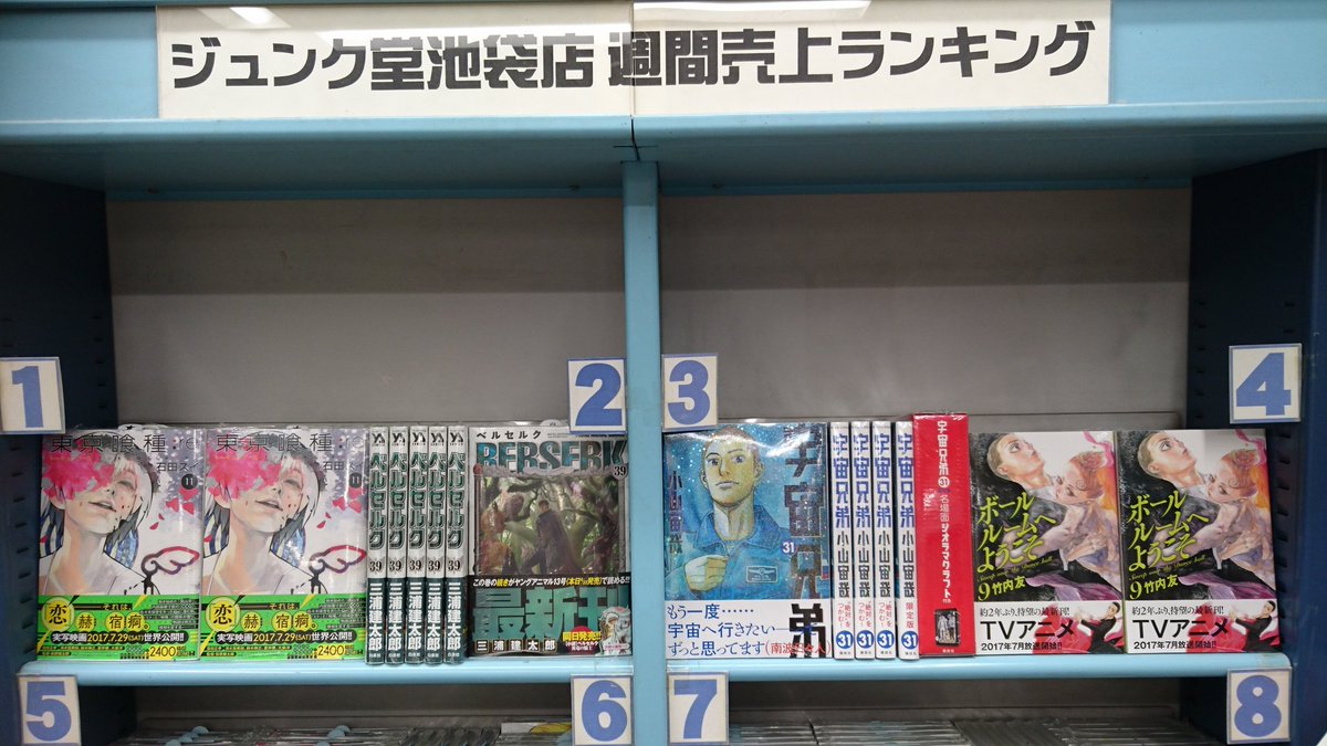 ジュンク堂書店 池袋本店 コミックフロア コミックランキング6 19 6 25 石田スイ 東京喰種 Re 11 集英社 三浦建太郎 ベルセルク39 白泉社 小山宙哉 宇宙兄弟31 講談社 竹内友 ボールルームへようこそ9 講談社