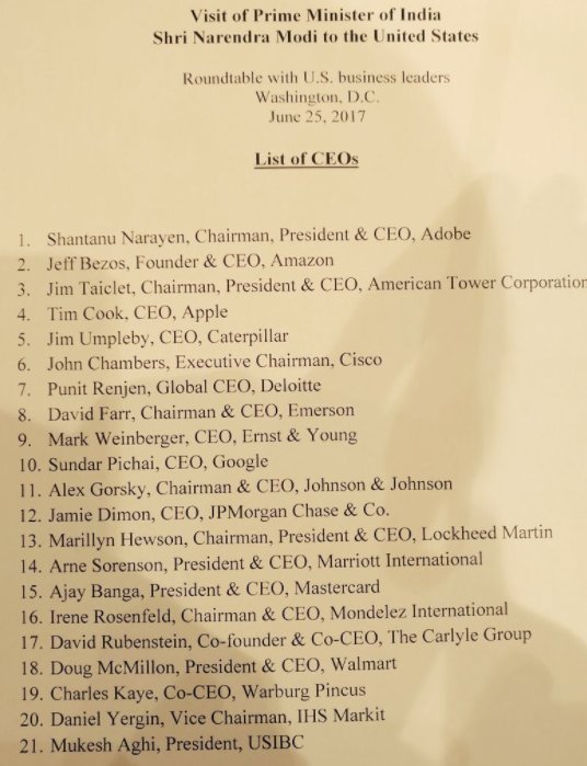 KirtKohli's tweet photo. PM Modi is meeting all of these guys in the US. Never knew some these multi-national giants had Indian CEOs #ModiInUS #USCEOs https://t.co/OnIlaYVTzm