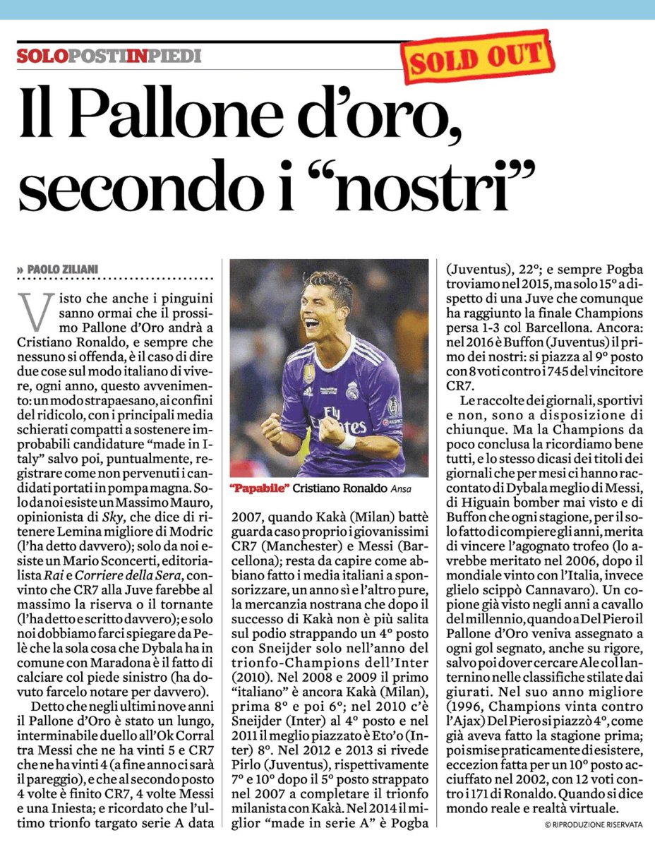 ZZiliani's tweet photo. La serie A fa ridere i polli, ma da 10 anni i nostri media ci raccontano d'improbabili Palloni d'Oro in arrivo. Ieri #DelPiero, oggi #Dybala https://t.co/dexGqKGJvb