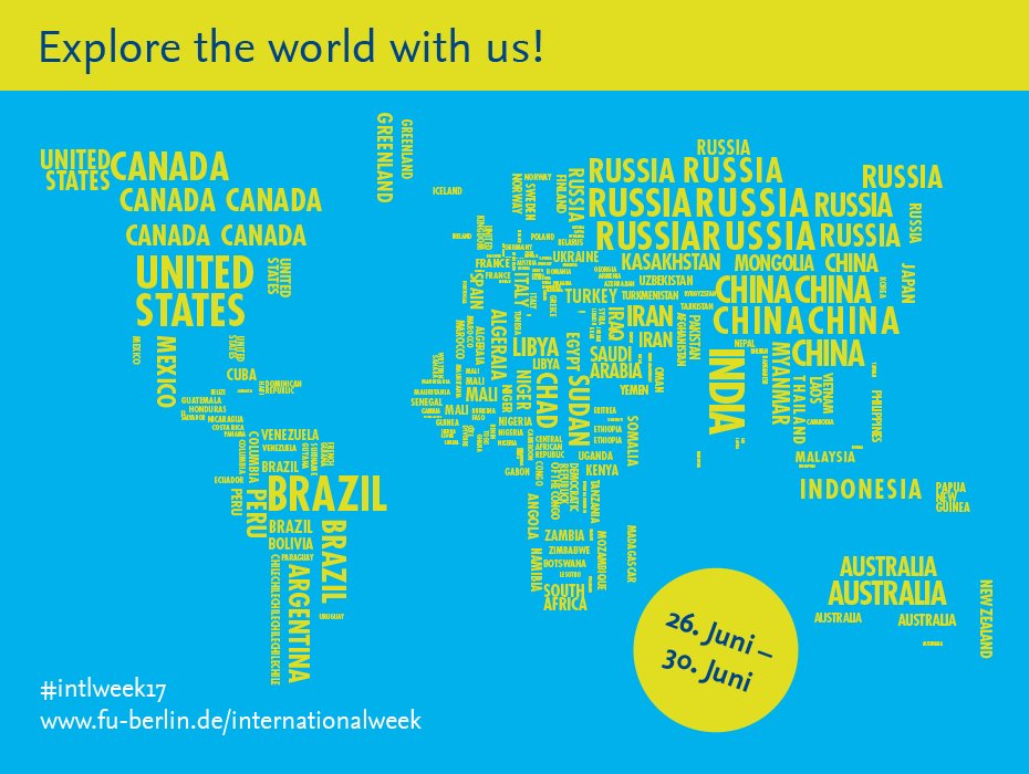 FU_Berlin's tweet photo. 🌏 Heute startet die International Week 2017 an der Freien Universität! Das Programm im Überblick: https://t.co/bsSL5hqemf #intlweek17 https://t.co/OOBdGfPNbh