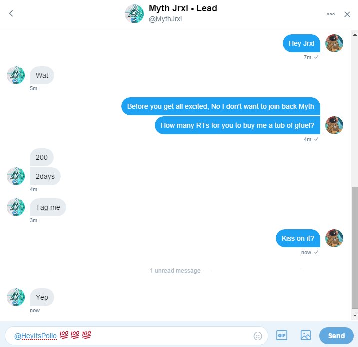 HeyItsPollo's tweet photo. Alright homies! 200 RTs in 2 days and @MythJrxl will buy me a tub of Gfuel. We even kissed on it to seal the deal. Help a brother out :) https://t.co/VpOghoq9BV