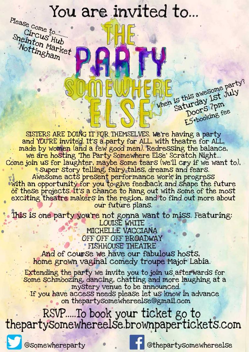 CQNottm's tweet photo. The Party Somewhere Else is coming: A new women-led Nottingham theatre festival. More info here: https://t.co/YkpDJMJFXz @SomewhereParty https://t.co/Zx6XWAAvLJ