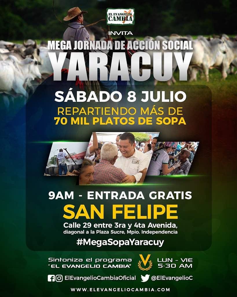 rmtarazona's tweet photo. 70 Mil Yaracuyanos disfrutarán este sábado 8 de julio de la #MegaSopaYaracuy, te invita @ElEvangelioCY y @ElEvangelioC. https://t.co/N4xrCMnUeK