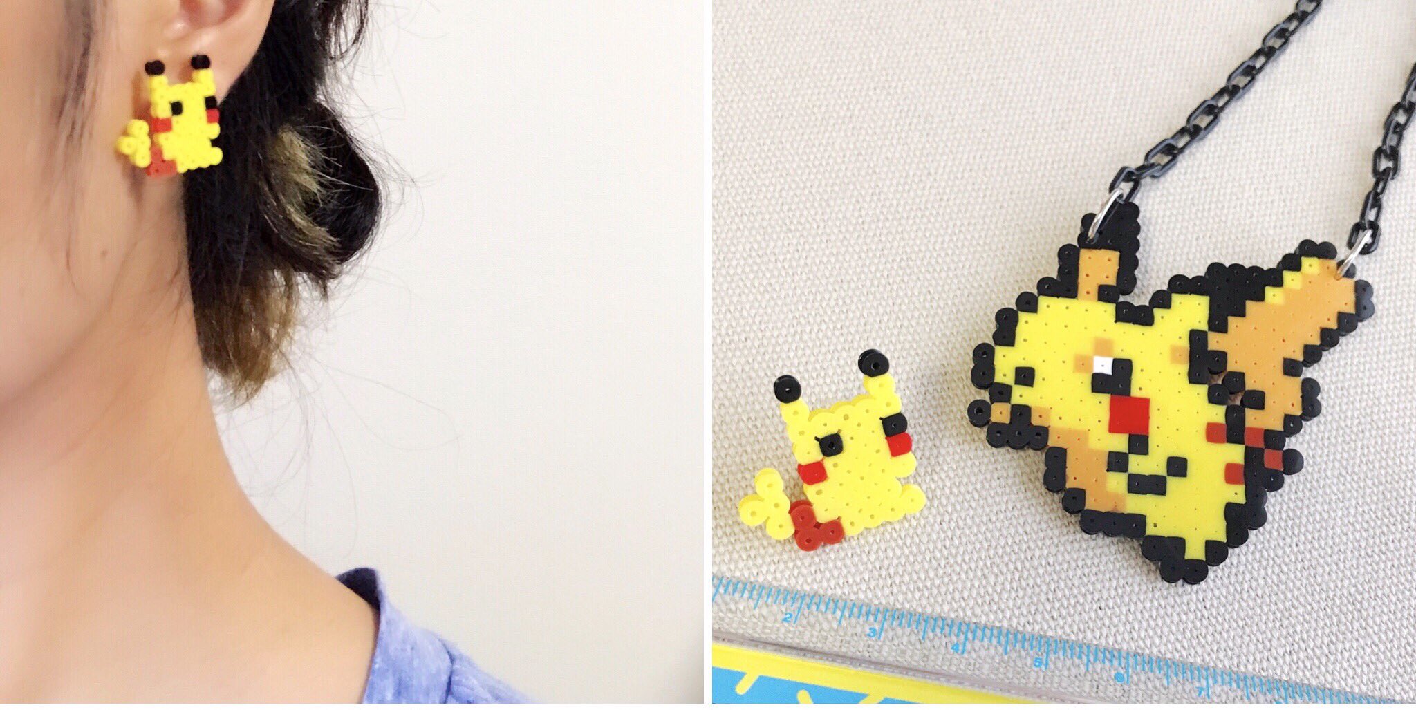 ぬん アイロンビーズ ナノビーズ で ちびサイズ ピカチュウのピアス 作ってみた ピカチュウと モンスターボール作れるキットのあまりビーズに単色のきいろパックを足して作ったよ Pixelart Pikachu T Co Co6ryj91pm