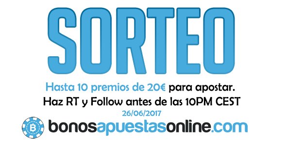 bonosonline's tweet photo. 📣 Sorteo: Participa y gana uno de los hasta 10 premios de 20€ para apostar. RT y Follow para hacerlo.

ℹ️ Reglas: https://t.co/q75NWoJp9a https://t.co/JJ1mVs3a5y