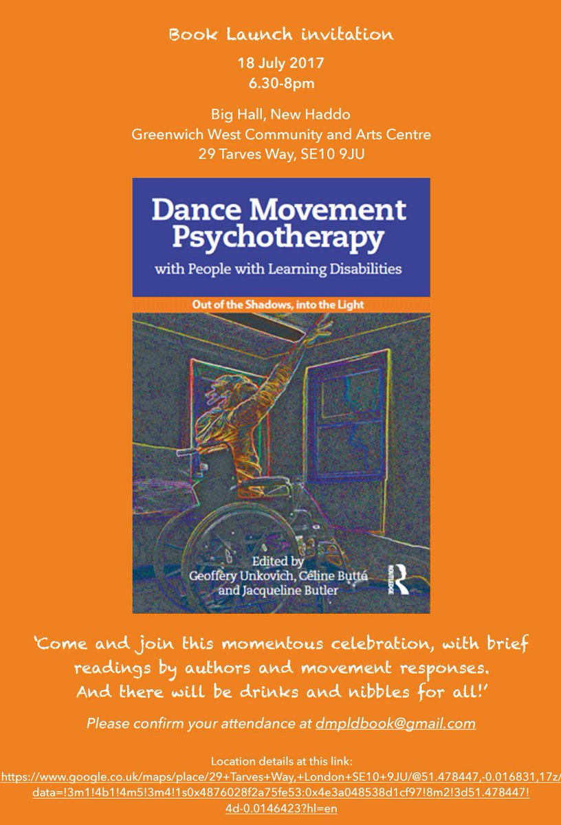 NVDAT's tweet photo. Book Launch invitation: 18th July 2017
Dance Movement Psychotherapy and Learning Disabilities
https://t.co/WDExZtMHl2 https://t.co/qxccL6gfdp