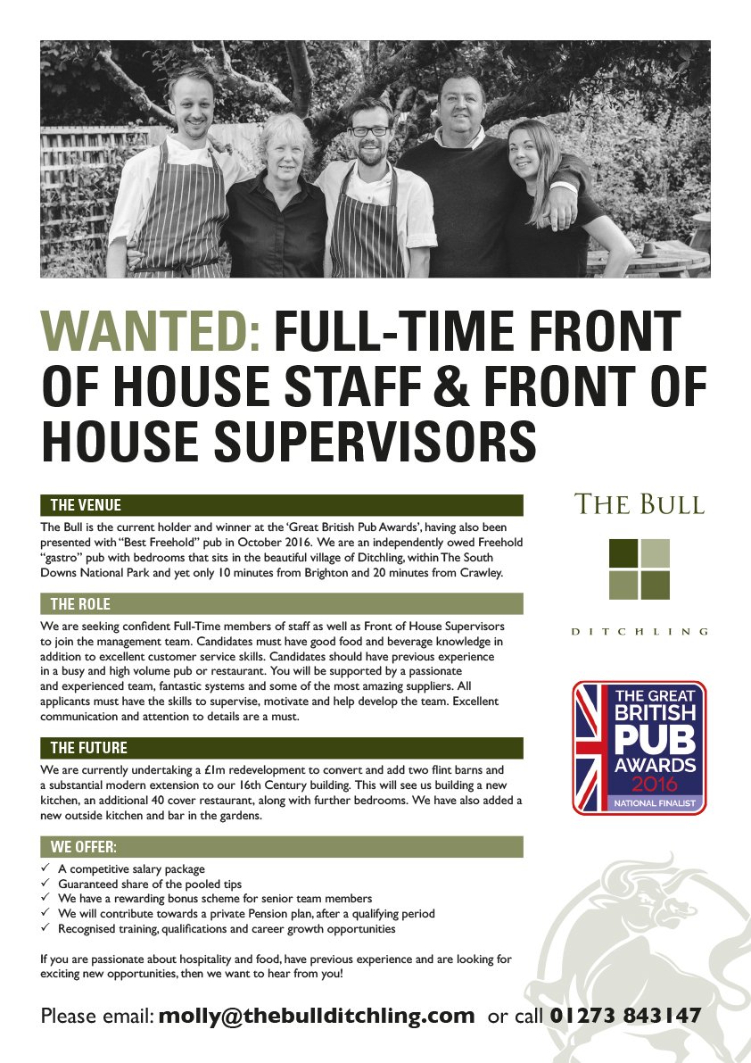 ditchlingbull's tweet photo. How's your #MondayMotivation? Why not get a #newjob with us? We're looking for lovely people to join our #GreatBritishPuboftheYear #bestteam https://t.co/NHLbJXsbmx