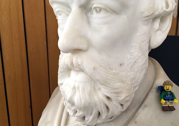 LegoSheffield's tweet photo. Standing on the shoulders of giants - Ed comes fact to face with Henry Clifton Sorby, what a day @sheffieldgeog #bricksontour https://t.co/WmxtGfg9cd