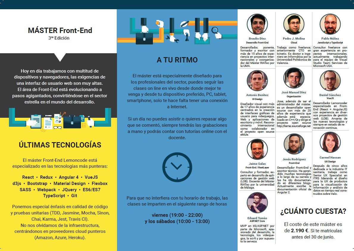 lemoncoders's tweet photo. Ya tenemos listos los trípticos de la tercera edición del Máster Front End Online @lemoncoders, muy agradecidos si RT https://t.co/8oipeGPzNc
