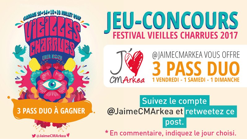 WeAreArkea's tweet photo. 🎟️[JEU CHARRUES] Des Pass Vieilles Charrues, y'en a plus ? Bah si y'en a encore 😉 Il suffit de nous suivre et de RT 🎁 #charrues2017 #3Pass https://t.co/wm1oc72uGX