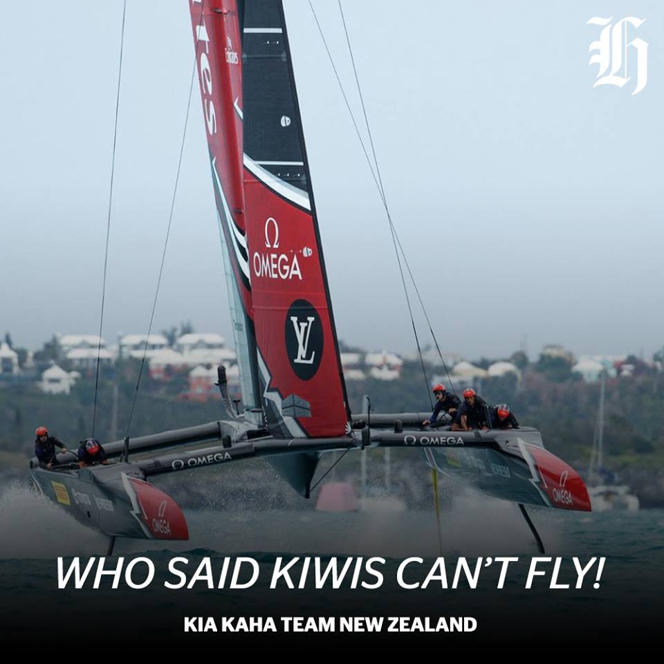 nzherald's tweet photo. Who said Kiwis can't fly? Bring home the America's Cup Team New Zealand! https://t.co/AjcMsZyVMU