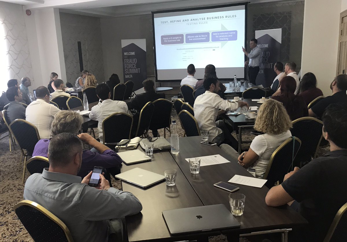manhoury's tweet photo. Matt Wilson of @iovation discusses refining, analyzing and testing your #fraudprevention business rules #fraudforce #malta https://t.co/SvcP7Gq176
