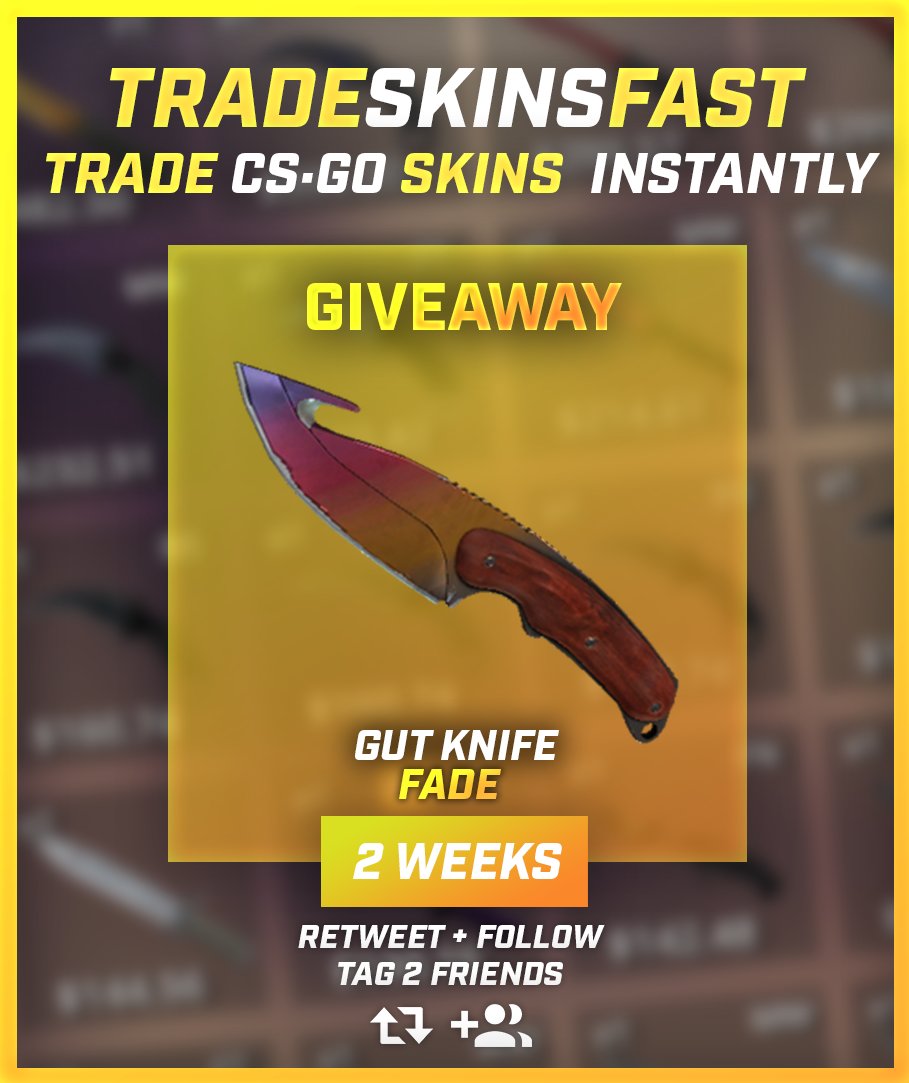 TradeSkinsFast's tweet image. 🎁 #CSGOgiveaway 

🎁 X1 GUT KNIFE FADE FN 

✅ ENTER : gleam.io/JBRPL/gut-knif… …

✅ Retweet

✅ Follow me

🔥 Finishes in 14 DAYS 🔥