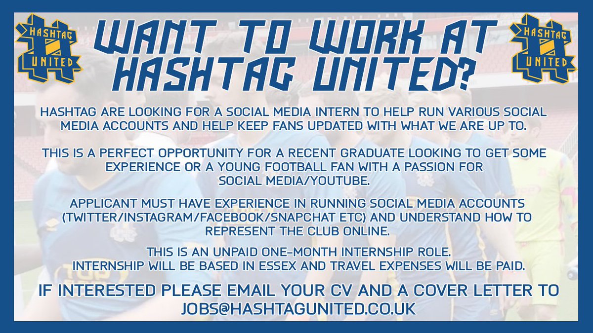 hashtagutd's tweet photo. Want to work at Hashtag United?! We're looking for a Social Media intern! 
Great opportunity for recent graduate or football fanatic! #⃣ https://t.co/aka0yFlehx