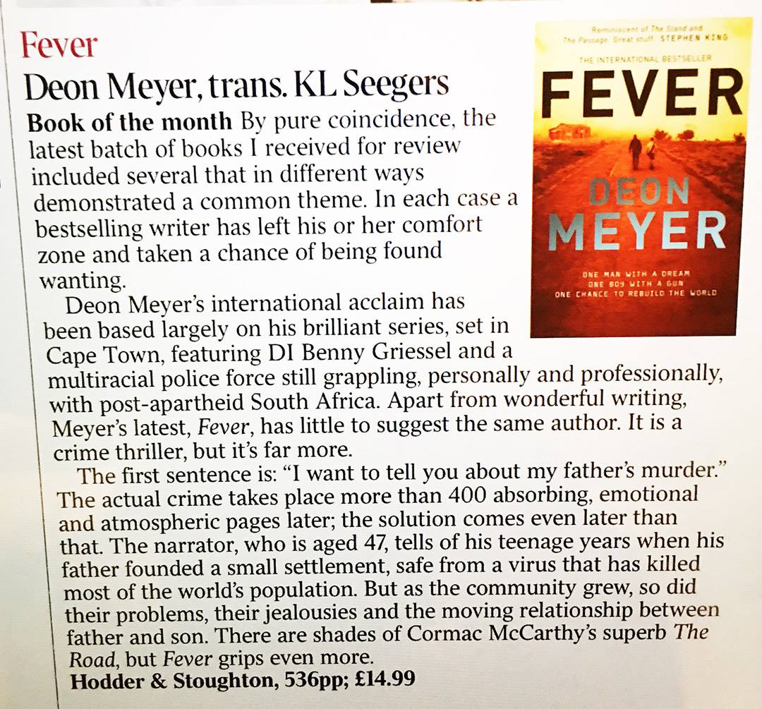 Deon Meyer (@meyerdeon) on Twitter photo The first UK review of Fever is in. From Marcel Berlins in the <a href="/thetimes/">The Times and The Sunday Times</a> … The first UK review of Fever is in. From Marcel Berlins in the <a href="/thetimes/">The Times and The Sunday Times</a> …