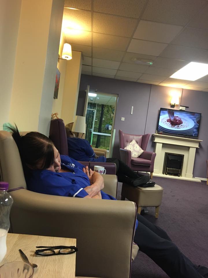 good_carer's tweet photo. @CareQualityComm This photo has gone viral of an agency worker completely out cold whilst being paid to work. Other footage has been shared https://t.co/7CkiGdPtLj
