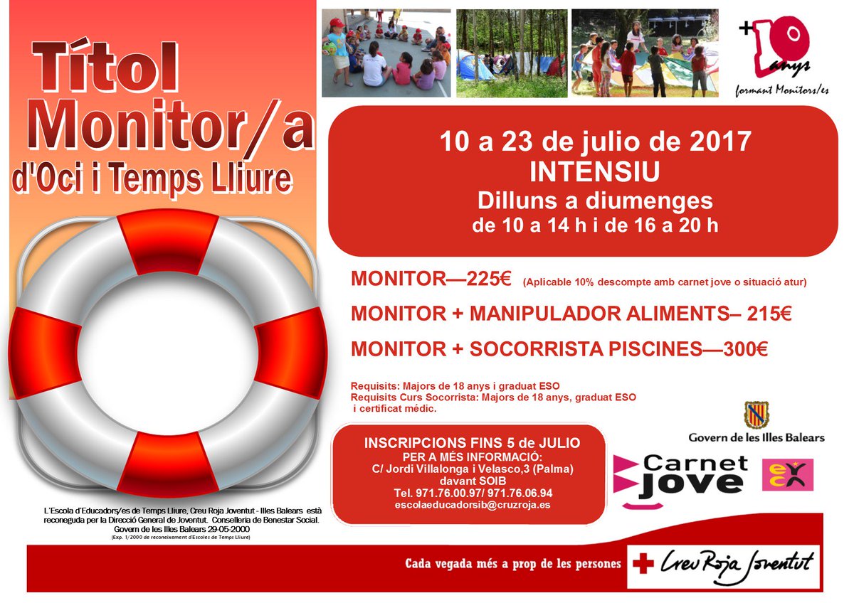 CRJBalears's tweet photo. Curs intensiu de monitor/a d'Oci i Temps Lliure. 10-23 de juliol a #Palma. + info a  971760097 o escolaeducadorsib@cruzroja.es https://t.co/3B4AanVTY8