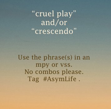 AsymLife's tweet photo. Apologies for late #AsymLife prompt. RL is a taskmaster.
#466
"cruel play" and/or "crescendo"
@MadQueenStorm @SemperSum https://t.co/RQJhTu9tvf