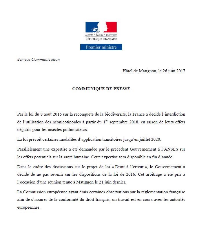 pierrerosellini's tweet photo. Communiqué de Matignon clair et rapide. Pas de retour sur l'interdiction des néonicotinoïdines. https://t.co/8bUEKgguvu