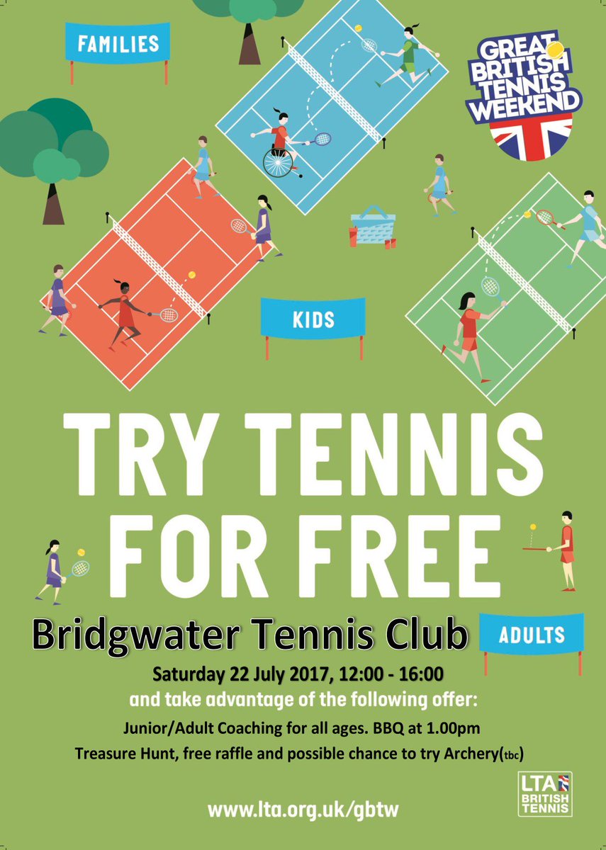bridgwaterltc's tweet photo. Open day and LTA Great British Tennis Weekend, 22 July 2017. BBQ, raffle, free coaching and treasure hunt. Possible Archery (tbc) https://t.co/TgmXEUlZxR