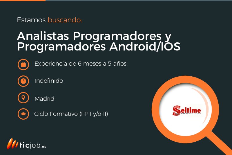ticjob's tweet photo. ¿Eres Analista Programador o Programador Android/IOS? #Seltime está buscando esos perfiles. ¡Envía tu CV! ☑🏃 https://t.co/j0X9NhYVqE https://t.co/xwfvLiFALr