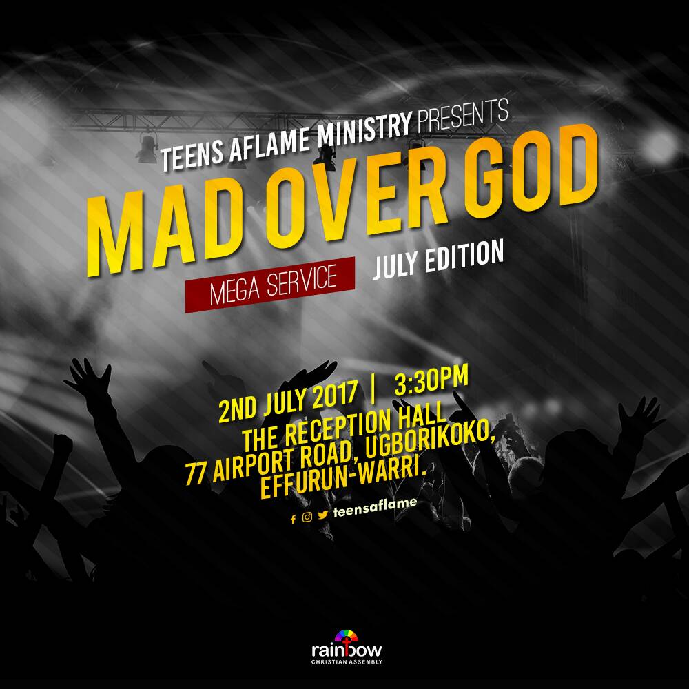 TeensAflame's tweet photo. Join us this Sunday 2nd of July, 2017......
#MegaService #TeensAflame #MOG #MadOverGod #SaveTheDate @rcanigeria https://t.co/V3riVSsHoQ