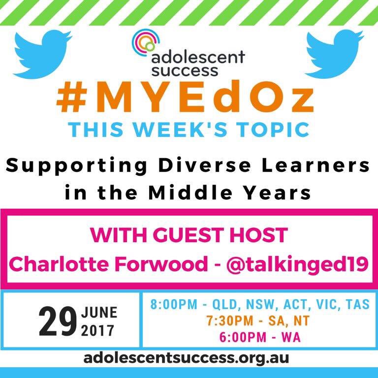 adolesuccess's tweet photo. Please join us for #MYEdOz this Thursday, as @talkinged19 leads our discussion on "Supporting Diverse Learners in the MY". https://t.co/4WurMDB7Qu