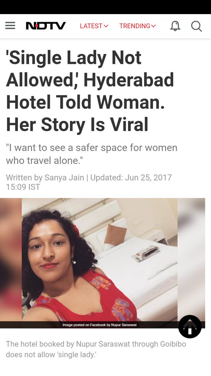 impriyajoshi's tweet photo. Single Lady Not Allowed,'
#Hyderabad Hotel Told Woman.

"I want to see a safer space for #women who travel alone."

https://t.co/KtG2zJrFPV https://t.co/eoDzUcGkrS