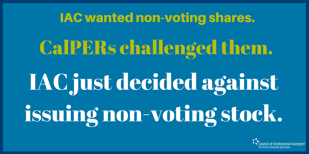 CouncilInstInv's tweet photo. Congrats @CalPERS for getting IAC to back down from issuing non-voting shares! #corpgov #investing #oneshareonevote
https://t.co/coZiTtlzpy https://t.co/pEy1RKUduV